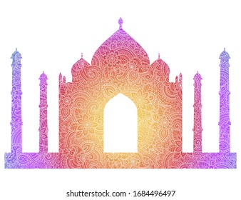 Silhouette of the Taj Mahal are filled with flowers in mehndi style. Islamic mausoleum in India. Muslim mosque architectural structure. Vector illustration. Rainbow design on white background.