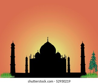 The silhouette Taj Mahal on an orange background