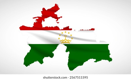 Silhouette of Tajikistan map filled with the Tajik flag design, symbolizing national pride, cultural heritage, and geographic identity.  
