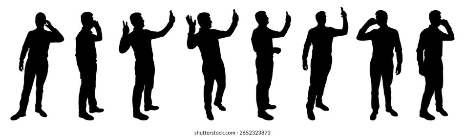 Silhueta de homem de negócios falante por telefone celular, set. Ilustração vetorial.