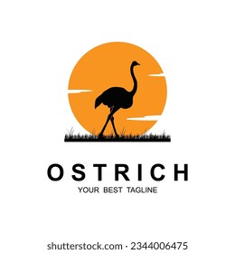 silhouette of a tall ostrich logo on colored background
