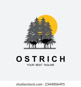 silhouette of a tall ostrich logo on colored background