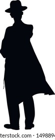 Silhouette of a tall religious jew. Katan and tzitzit are dressed on a young man. Jew in hat looks up. Young hasid jew in traditional clothes. Isolated vector illustration Black on white.