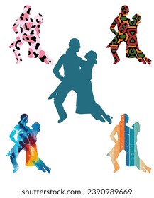 Silhouette of tango dance pair. Couple dancers