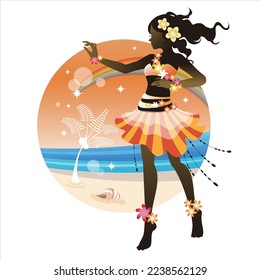 Silhouette of tanned  hula girl dancer with Hawaiian background