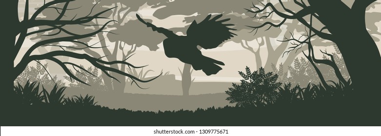 Silhouette. Tawny owl flying through a dense forest. Gray tawny. Wild animals and birds of Eurasia and Scandinavia. Strix aluco. Realistic Vector Landscape