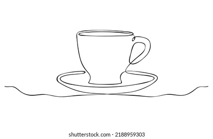 Silhouette of tea couple. One continuous line drawing. Mug and saucer for tea, coffee and hot drinks. Design element for coffee house, food delivery sites and restaurants. Sketch in minimalist style