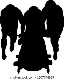 Silhouette Of A Team Of Bobsled Crew Pushing A Sled. Vector Illustration.