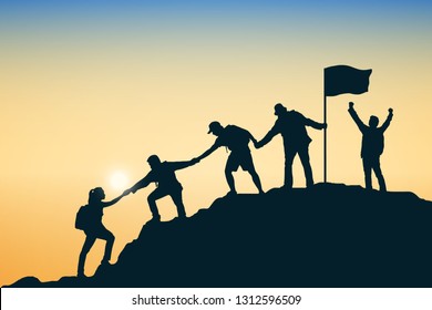 Silhouette team is helping each other to the top of mountain. And celebrating success at sunset and sky background. Business, teamwork and goal concept. Vector illustration.