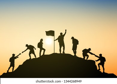 Silhouette team is helping each other to the top of mountain. And celebrating success, sky and sunset background. Business, teamwork and goal concept. Vector illustration.