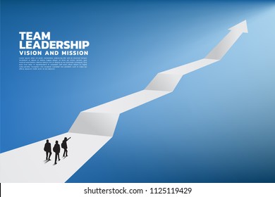 Silhouette Of A Team Leader Look Up To Business Growing Arrow, Concept Of Teamwork, Leadership, Goal, Mission And Vision, 