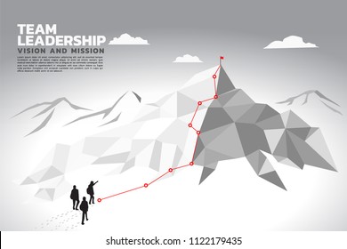 Silhouette of a team leader look to  top of mountain, Concept of teamwork, leadership, Goal, Mission and Vision