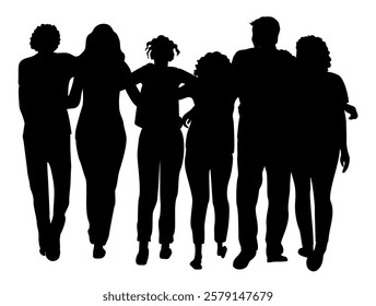 Silhouette of team of men and women hugging. Crowd of people from behind, friends, community black vector illustration. Communication, teamwork, diversity concept for banner, website design