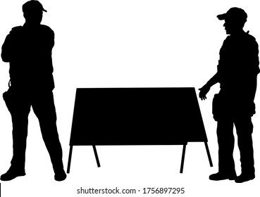 Silhouette of a team of police officer guarding a barricade. Vector illustration.