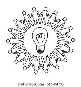 silhouette teamwork human people circle with ligth bulb vector illustration