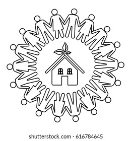 silhouette teamwork human people with ecological house vector illustration