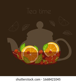silhouette of a teapot with fruit and berry flavored tea and mint, vector illustration