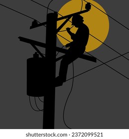 Silhouette of a technician wearing a helmet carrying out an installation on an electric pole equipped with a tafo. Vector