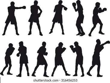 Silhouette of teenage boxers in different sports situations