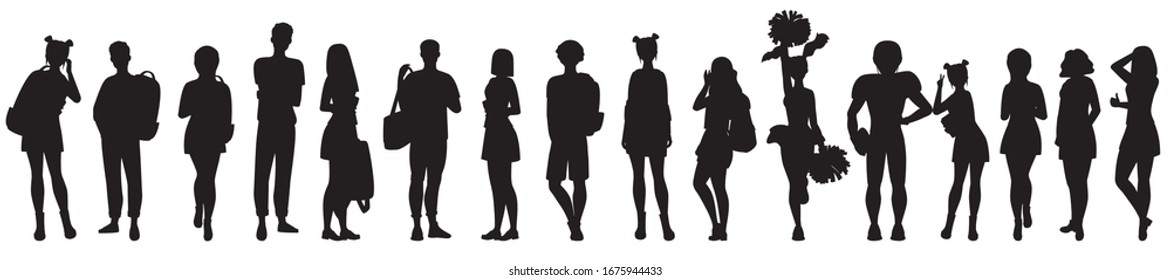 A silhouette of teenage girls and boys with books and backpacks. Black and white vector illustration 