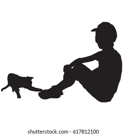 Silhouette of a teenager in a cap, sitting in the headphones, and cat scratching sneaker, black color, isolated on white background