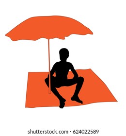 Silhouette of a teenager on the beach under an umbrella, the colors black and orange, isolated on white