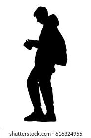 Silhouette of a teenager with a phone goes vector