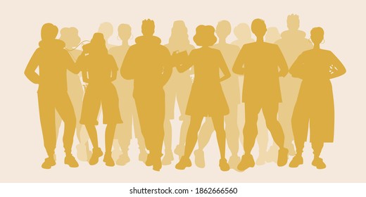 Silhouette of teenagers isolated. Vector stock illustration. Stylish teens in sneakers as students, schoolchildren, friends. Silhouette of teens as an illustration of the crowd