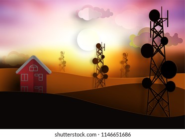 silhouette of Telecommunication mast television antennas and home on sunset 