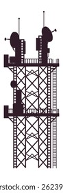 Silhueta de uma torre de telecomunicações com antenas, antenas e antenas de satélite, ideal para representar conceitos relacionados à comunicação, radiodifusão e tecnologia