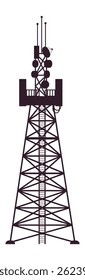 Silhueta de uma torre de telecomunicações com várias antenas, antenas parabólicas e uma plataforma, enfatizando seu papel na infraestrutura de transmissão e comunicação