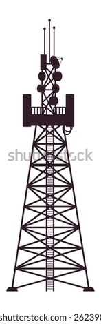 Silhouette of a telecommunication tower featuring various antennas, satellite dishes, and a platform, emphasizing its role in broadcasting and communication infrastructure