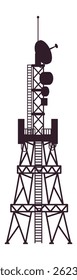 Silhouette of a telecommunication tower with multiple satellite dishes and antennas, transmitting data wirelessly, ensuring communication coverage over a wide area