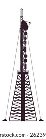 Silhouette of telecommunication tower with satellite dish and antennas is standing tall against white background, representing communication technology and signal transmission
