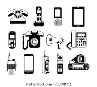 Silhouette of telephones and smartphones. Vector monochrome pictures. Illustration of phone and smartphone, equipment communication device