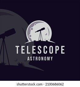 telescopio de silueta en el logotipo de la luna diseño gráfico de la plantilla de ilustración vectorial vintage moderna. signo o símbolo de equipo astronómico para la ciencia