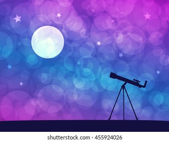 Silhouette of telescope and moon on the night sky bright background. Vector illustration.