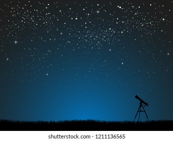 Silhouette telescope on starry night sky with blue glow. Shining stars on the dark sky. Outdoor night. Modern nature banner, background, card, backdrop. Telescope watch on stars.