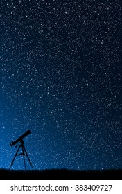 Silhouette telescope on starry night sky with blue glow. Shining stars on the dark sky. Outdoor night. Modern nature banner, background, card, backdrop. Telescope watch on stars.