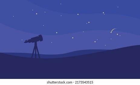 Silhouette of a telescope on a tripod against the background of the night sky with stars