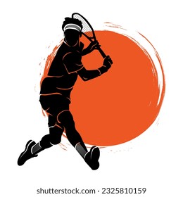 silhouette of tennis player with brush stroke circle decor