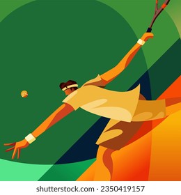 Silhouette of a tennis player on colorful background. Tennis player man with racket hits the ball. Vector illustration