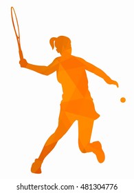 Silhouette Tennis Player . Orange Triangles Drawing On A White Background