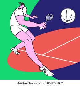 Silhouette of a tennis player with a tennis racket and a ball on the tennis court. Vector flat illustration.