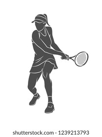 Silhouette tennis player with a racket on a white background. Vector illustration