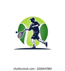 silhouette tennis player shoot ball logo template illustration