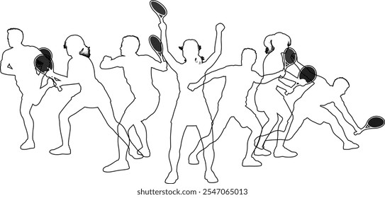 Silhouette Tennis players set. Active sports people healthy players fitness silhouettes concept.