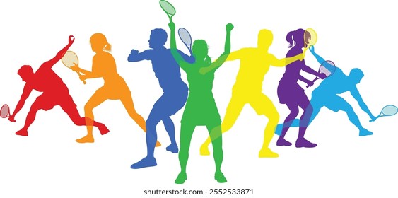 Silhouette Tennis players set. Active sports people healthy players fitness silhouettes concept.