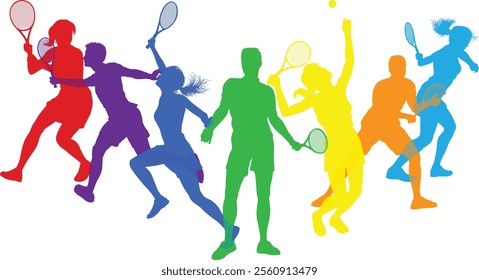 Silhouette Tennis players set. Active sports people healthy players fitness silhouettes concept.