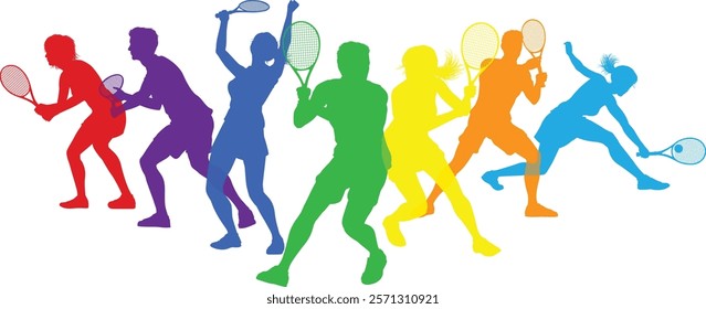 Silhouette Tennis players set. Active sports people healthy players fitness silhouettes concept.